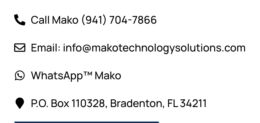 The Contact page showing a call link labelled Call Mako (941) 704-7866.