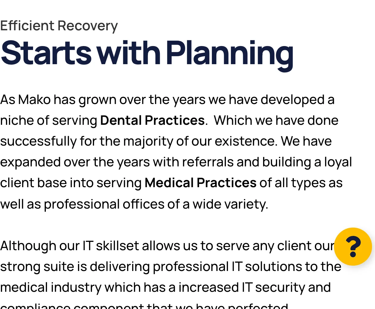 The Disaster Solutions page. Under the heading Efficient Recovery Starts with Planning, the body copy is about serving dental and medical practices, with no disaster recovery content.