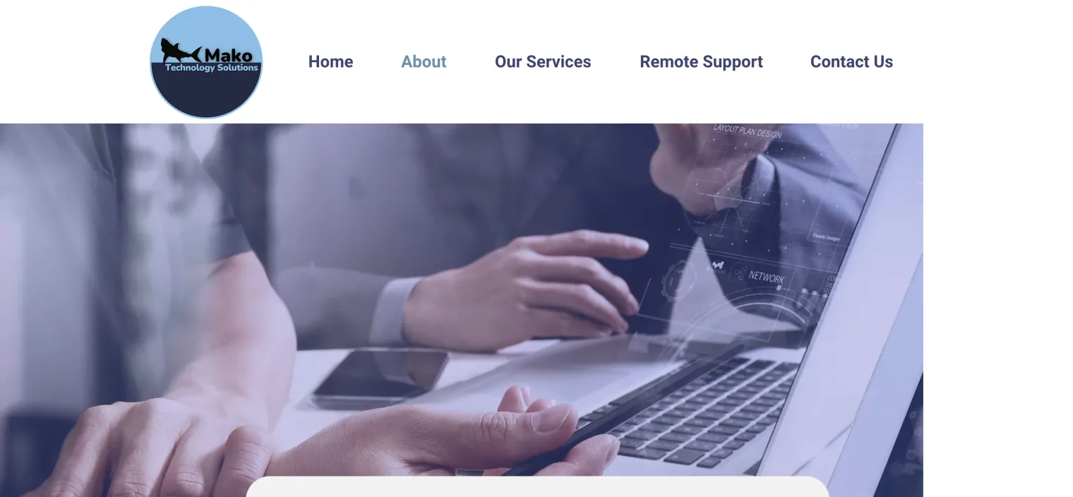 The old Wix site at makotechnologysolutions.com/about, showing generic managed IT messaging with no mention of dental or medical practices.